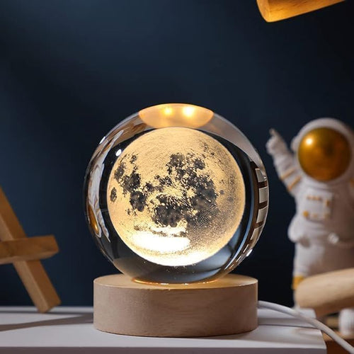 3D Galaxy Crystal Ball Night Lamp, Crystal Ball Night Light, USB Table LED Wooden Crystal Ball for Home and Desk Decoration Birthday Gift for Best Friend, Teens, Boys, Girls (Moon Crystal Lamp)