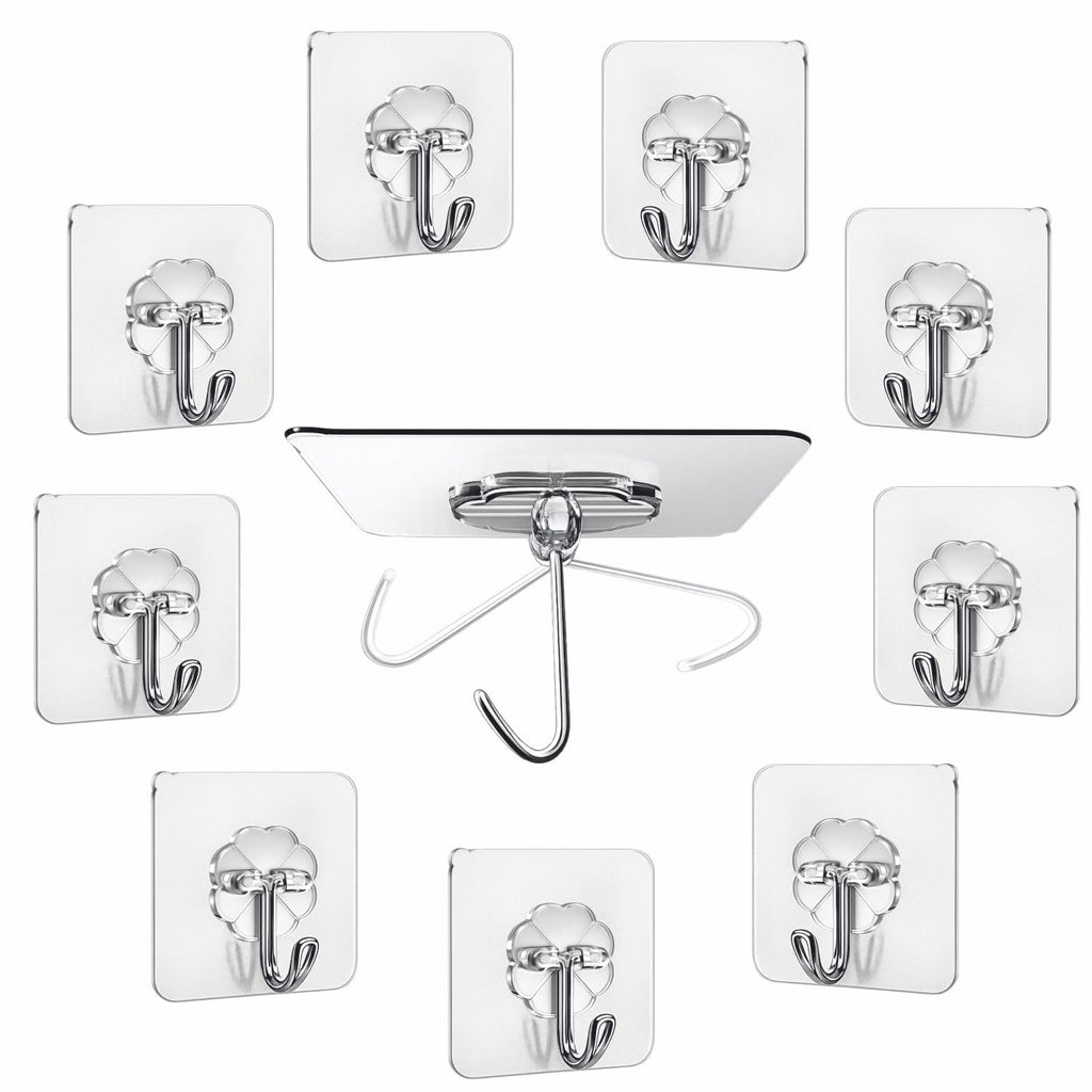 JIALTO 10 Pcs Adhesive Hooks Kitchen Wall Hooks-Heavy Duty 5 Kg (Max) Nail Free Sticky Hangers with Stainless Hooks Reusable Utility Towel Bath Ceiling Hooks