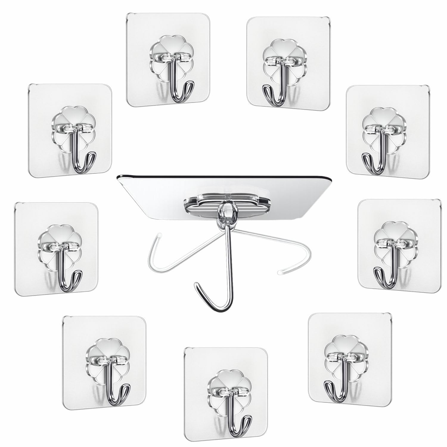 JIALTO 10 Pcs Adhesive Hooks Kitchen Wall Hooks-Heavy Duty 5 Kg (Max) Nail Free Sticky Hangers with Stainless Hooks Reusable Utility Towel Bath Ceiling Hooks