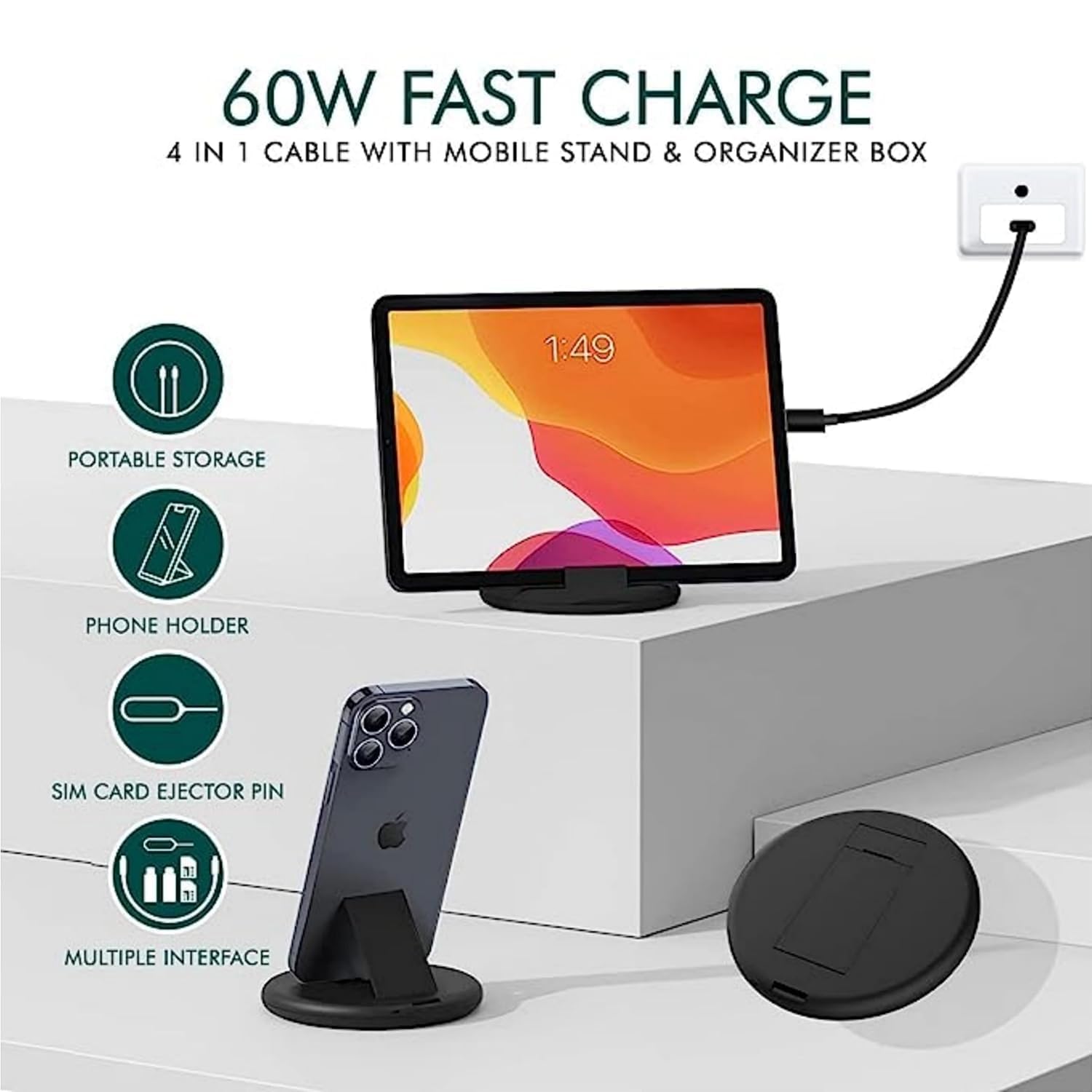 Multifunctional Data Cable Set Conversion Head Portable Storage Box, Multi-Type Charging Line Convertor USB Type C Adapter Tool Contains Sim Card Slot Tray Eject Pin, Phone Holder