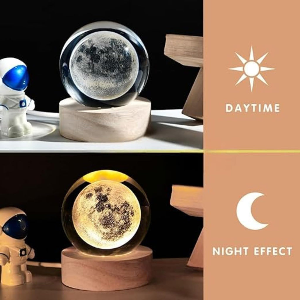 3D Galaxy Crystal Ball Night Lamp, Crystal Ball Night Light, USB Table LED Wooden Crystal Ball for Home and Desk Decoration Birthday Gift for Best Friend, Teens, Boys, Girls (Moon Crystal Lamp)