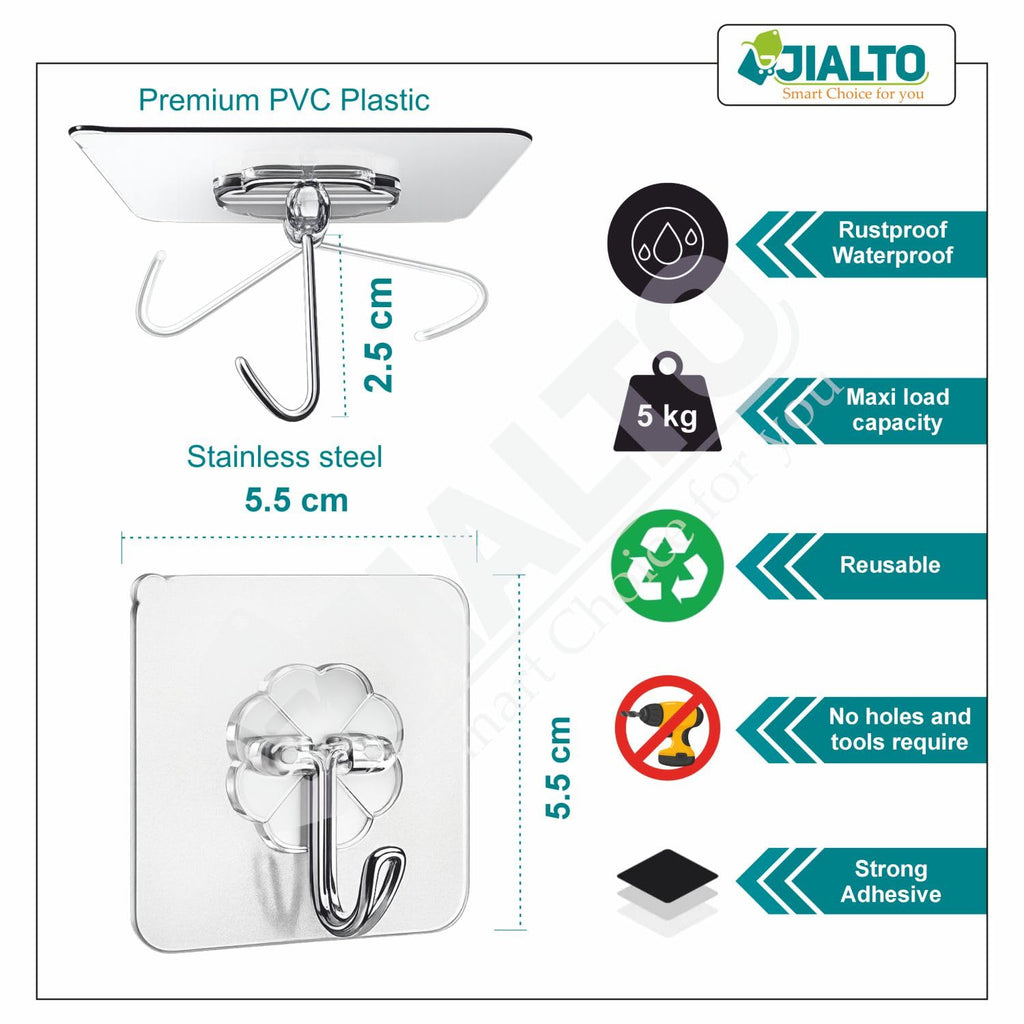 JIALTO 10 Pcs Adhesive Hooks Kitchen Wall Hooks-Heavy Duty 5 Kg (Max) Nail Free Sticky Hangers with Stainless Hooks Reusable Utility Towel Bath Ceiling Hooks