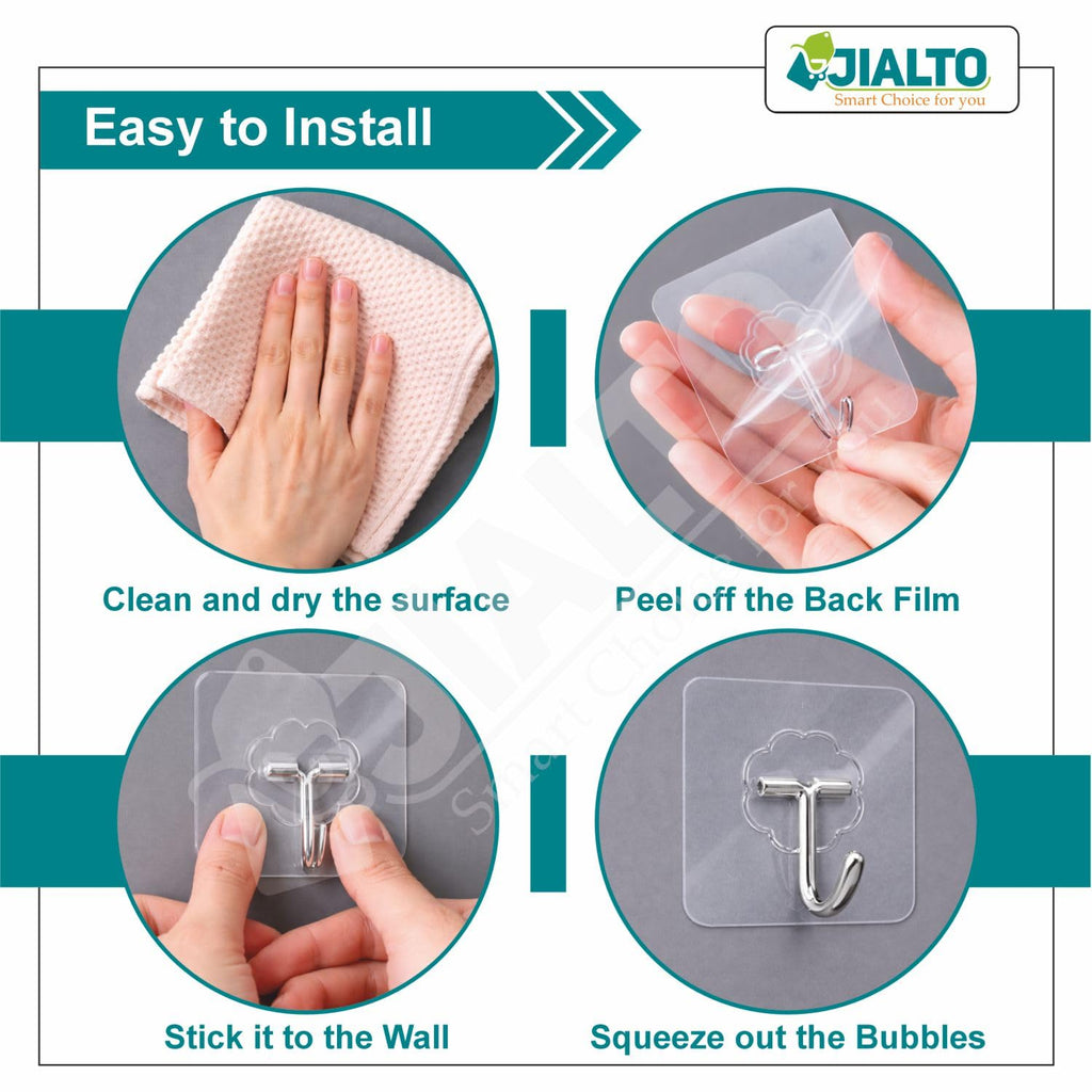 JIALTO 10 Pcs Adhesive Hooks Kitchen Wall Hooks-Heavy Duty 5 Kg (Max) Nail Free Sticky Hangers with Stainless Hooks Reusable Utility Towel Bath Ceiling Hooks