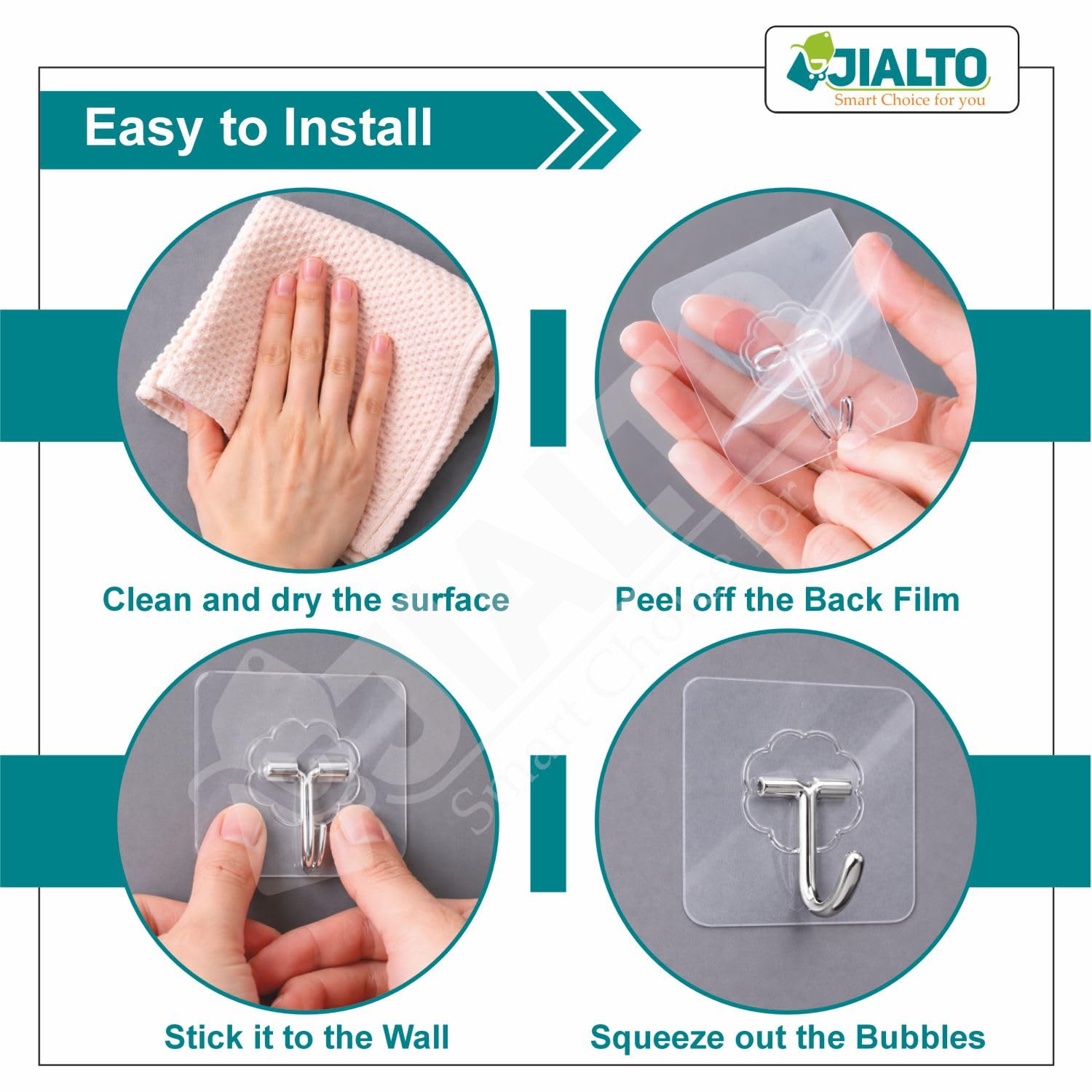 JIALTO 10 Pcs Adhesive Hooks Kitchen Wall Hooks-Heavy Duty 5 Kg (Max) Nail Free Sticky Hangers with Stainless Hooks Reusable Utility Towel Bath Ceiling Hooks
