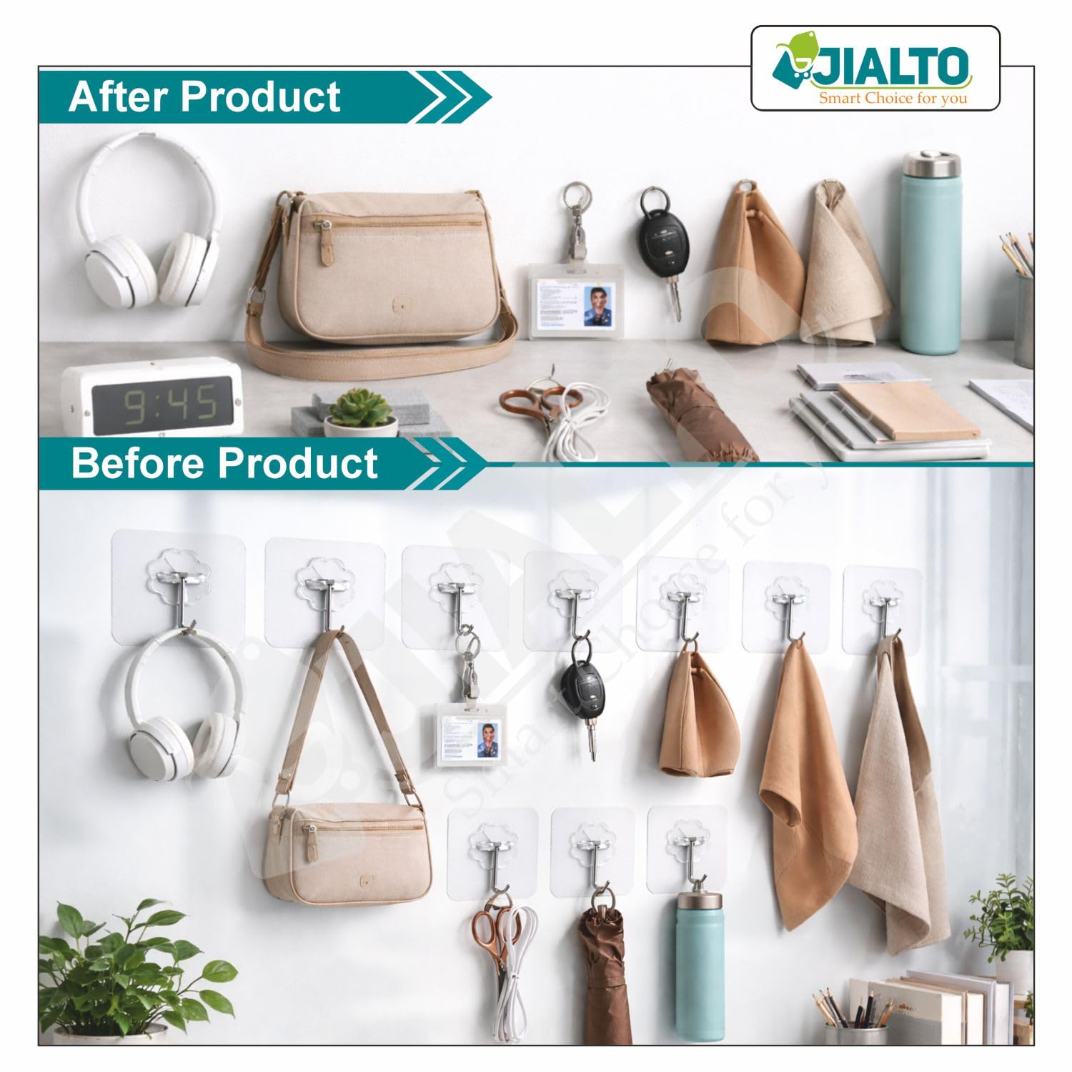 JIALTO 10 Pcs Adhesive Hooks Kitchen Wall Hooks-Heavy Duty 5 Kg (Max) Nail Free Sticky Hangers with Stainless Hooks Reusable Utility Towel Bath Ceiling Hooks